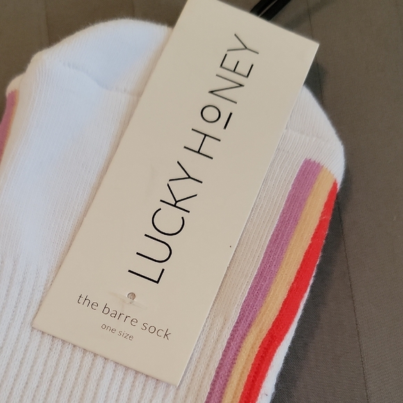 Lucky Honey Barre Grip Socks White with Multicolor Stripes - Retro Style - Picture 2 of 10